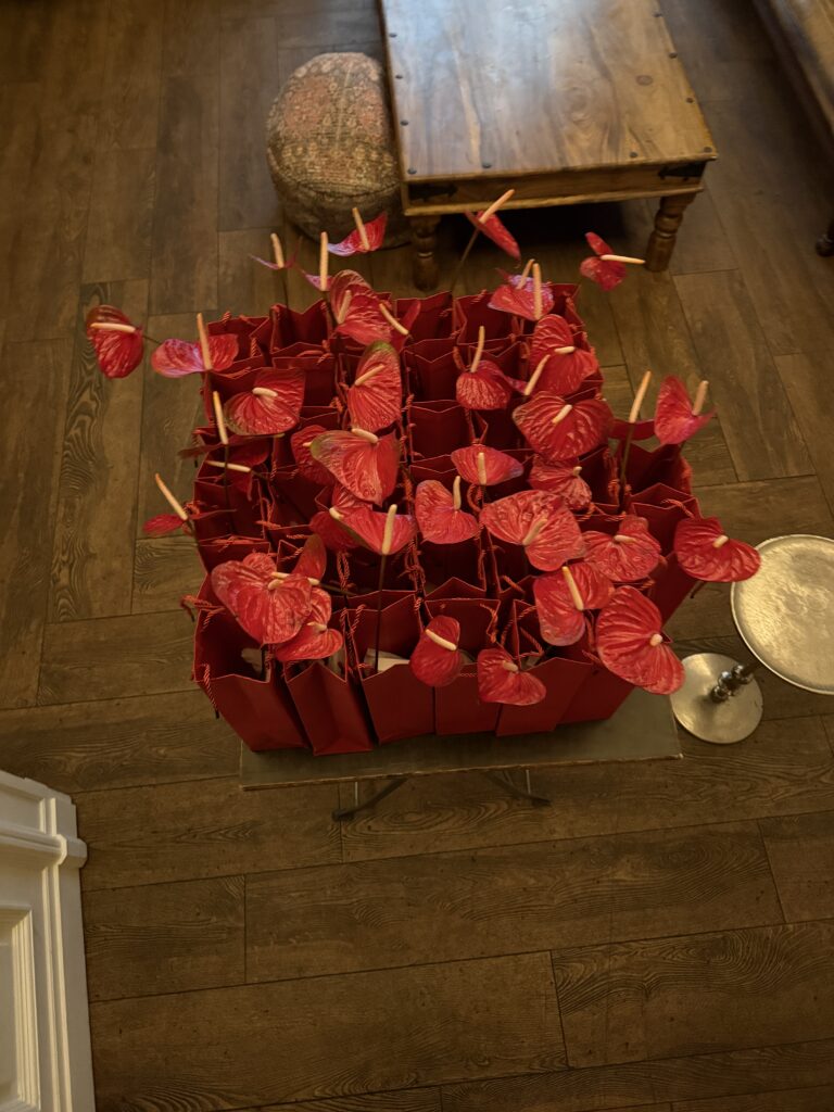 Ein Blick von oben: rote Taschen wie aufgereihte Statements, jede einzelne mit einem floralen Akzent.